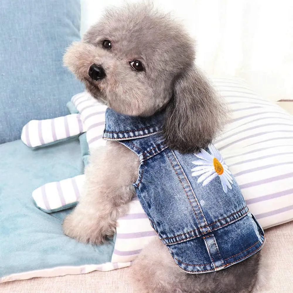 pawstrip Dog Jean Jacket Summer Cool Puppy Denim Dress Classic Daisy Kitten Doggy Cowboy Vests Cute Pet Cats Lapel Skirt Outfit Medium Small Dogs Vintage Washed Shirt Soft Comfort Pug Apparel