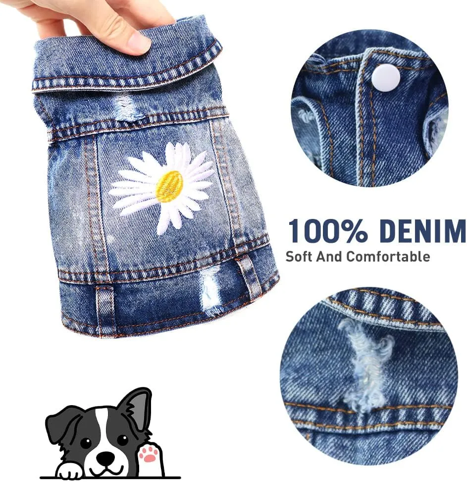 pawstrip Dog Jean Jacket Summer Cool Puppy Denim Dress Classic Daisy Kitten Doggy Cowboy Vests Cute Pet Cats Lapel Skirt Outfit Medium Small Dogs Vintage Washed Shirt Soft Comfort Pug Apparel