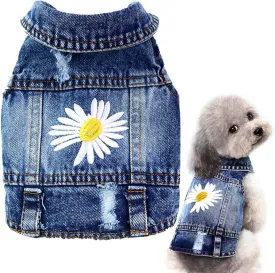pawstrip Dog Jean Jacket Summer Cool Puppy Denim Dress Classic Daisy Kitten Doggy Cowboy Vests Cute Pet Cats Lapel Skirt Outfit Medium Small Dogs Vintage Washed Shirt Soft Comfort Pug Apparel