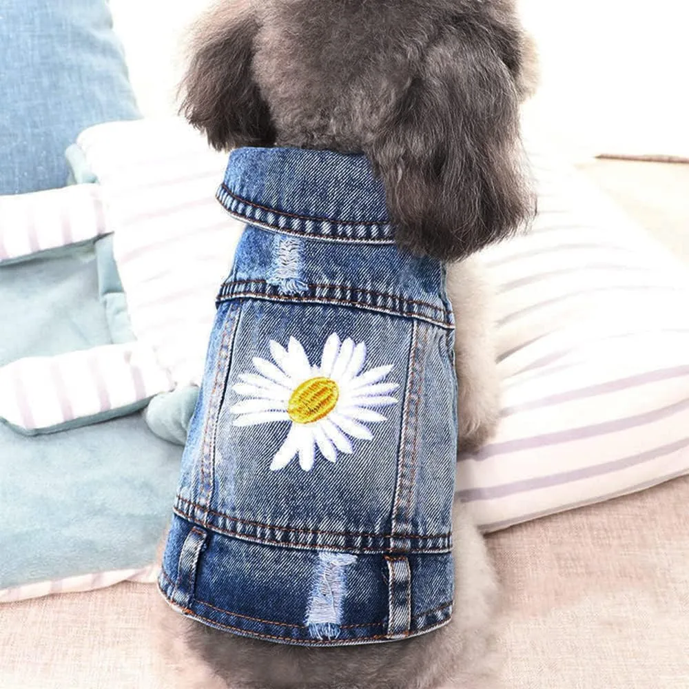 pawstrip Dog Jean Jacket Summer Cool Puppy Denim Dress Classic Daisy Kitten Doggy Cowboy Vests Cute Pet Cats Lapel Skirt Outfit Medium Small Dogs Vintage Washed Shirt Soft Comfort Pug Apparel