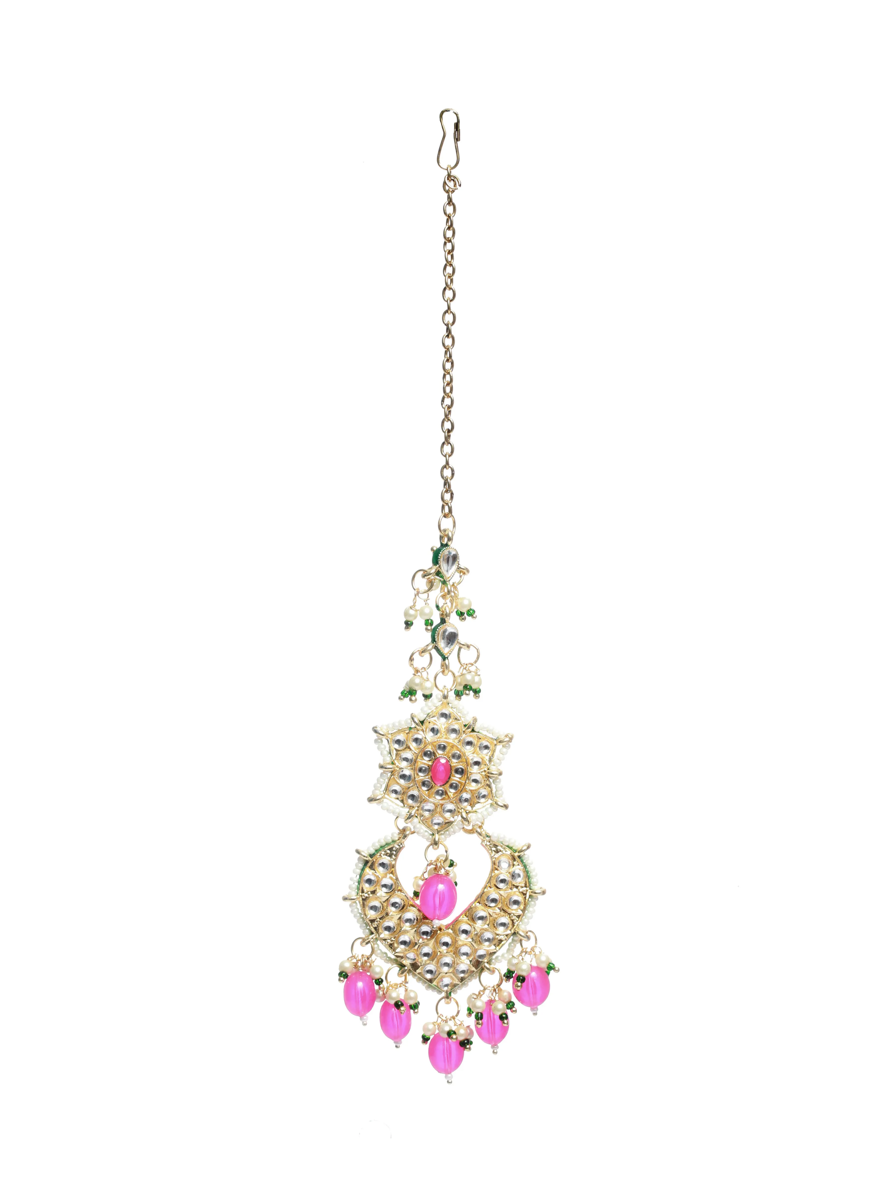 Pink Gold-Plated Kundan-Studded Enamelled Beaded Jewellery Set