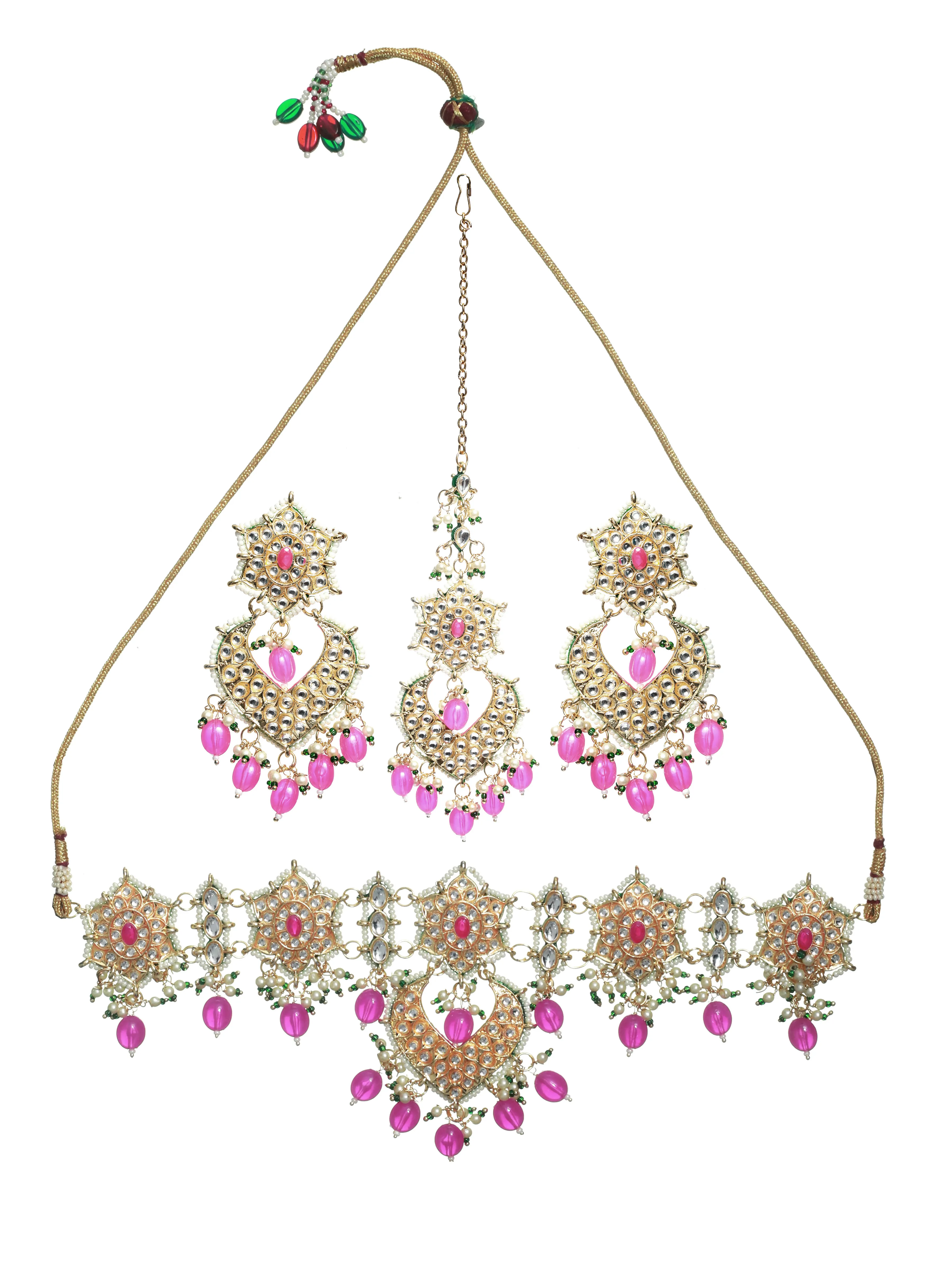 Pink Gold-Plated Kundan-Studded Enamelled Beaded Jewellery Set