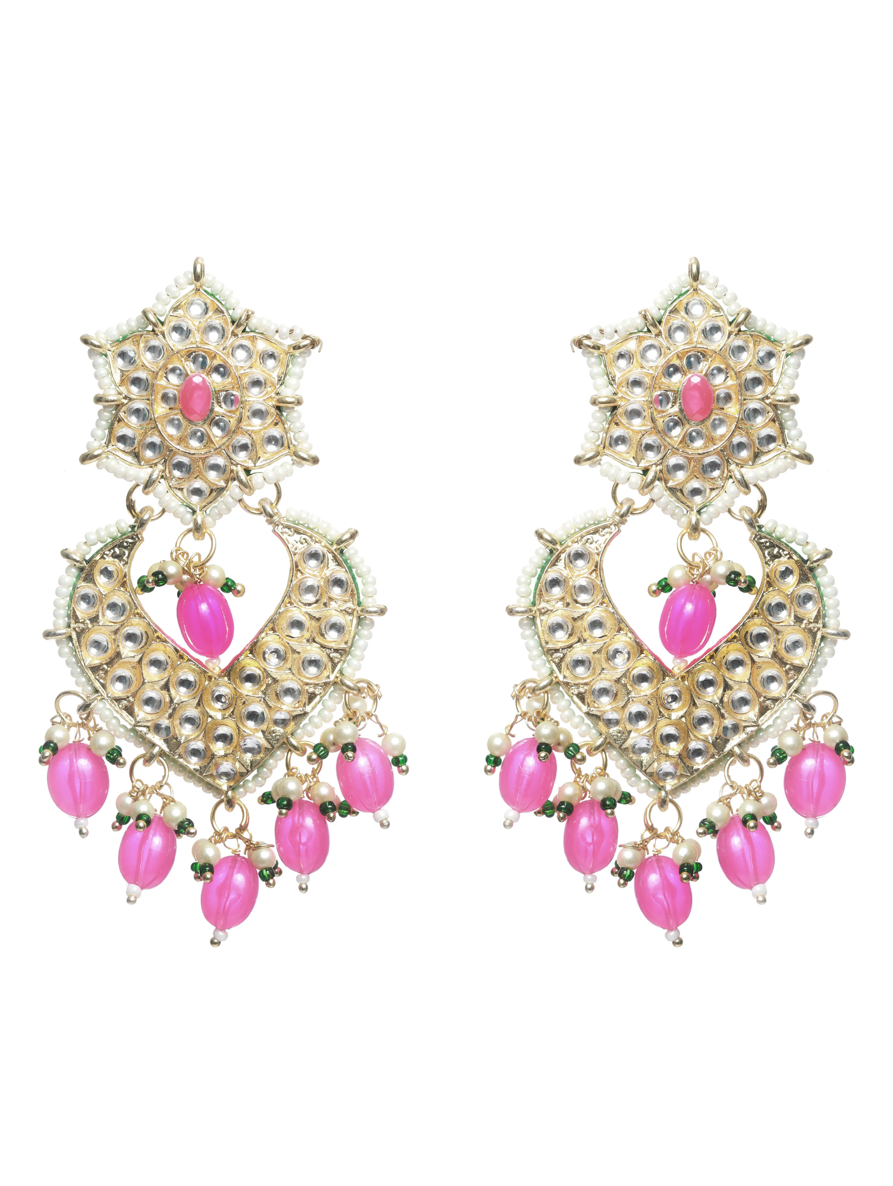 Pink Gold-Plated Kundan-Studded Enamelled Beaded Jewellery Set