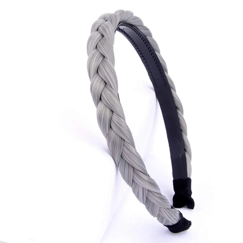 Plaited Braided Headband Hair Band Synthetic Braid Hairpieces Wig with Teeth Accessories for Women Girl Wide 0.7 Inch (Smoky Gray)