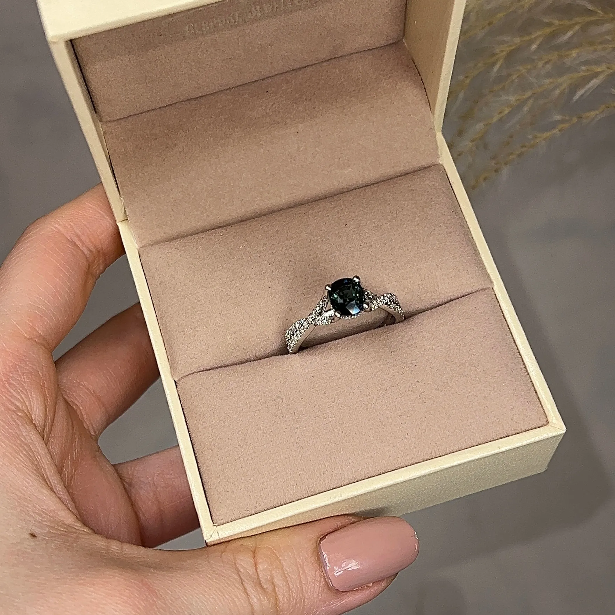 "River" Teal Cushion Cut Sapphire Crossover Diamond Shoulders Engagement Ring