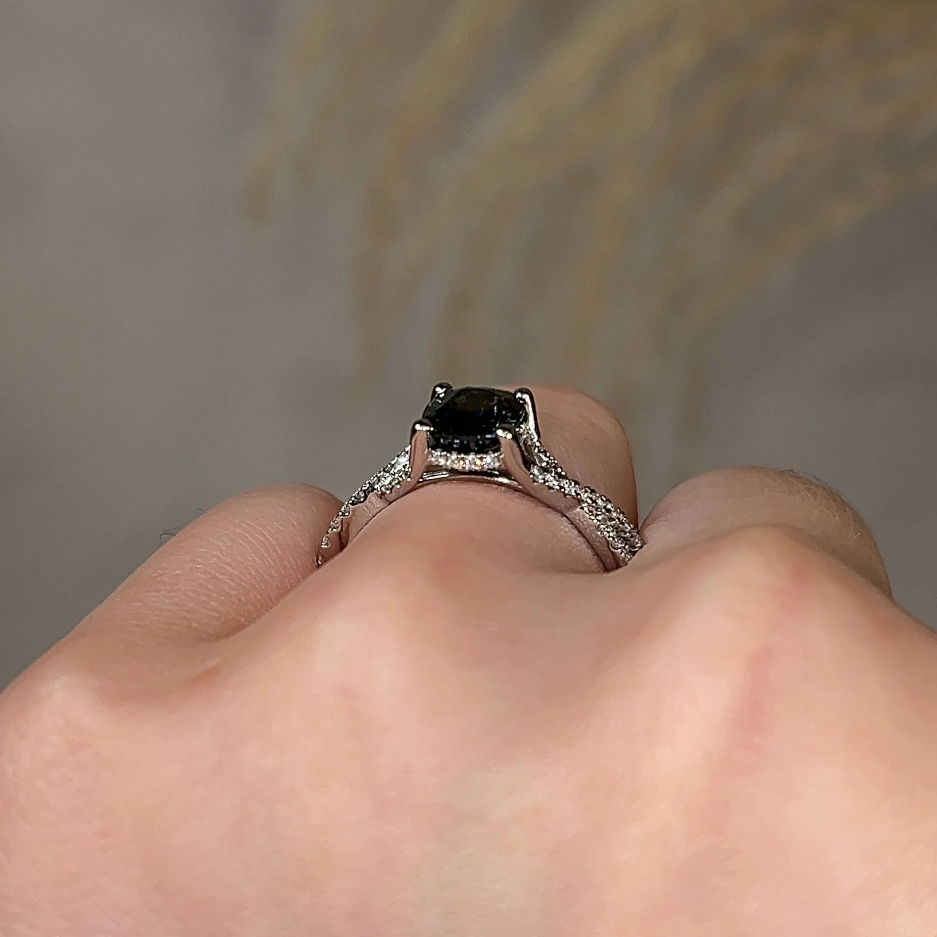"River" Teal Cushion Cut Sapphire Crossover Diamond Shoulders Engagement Ring