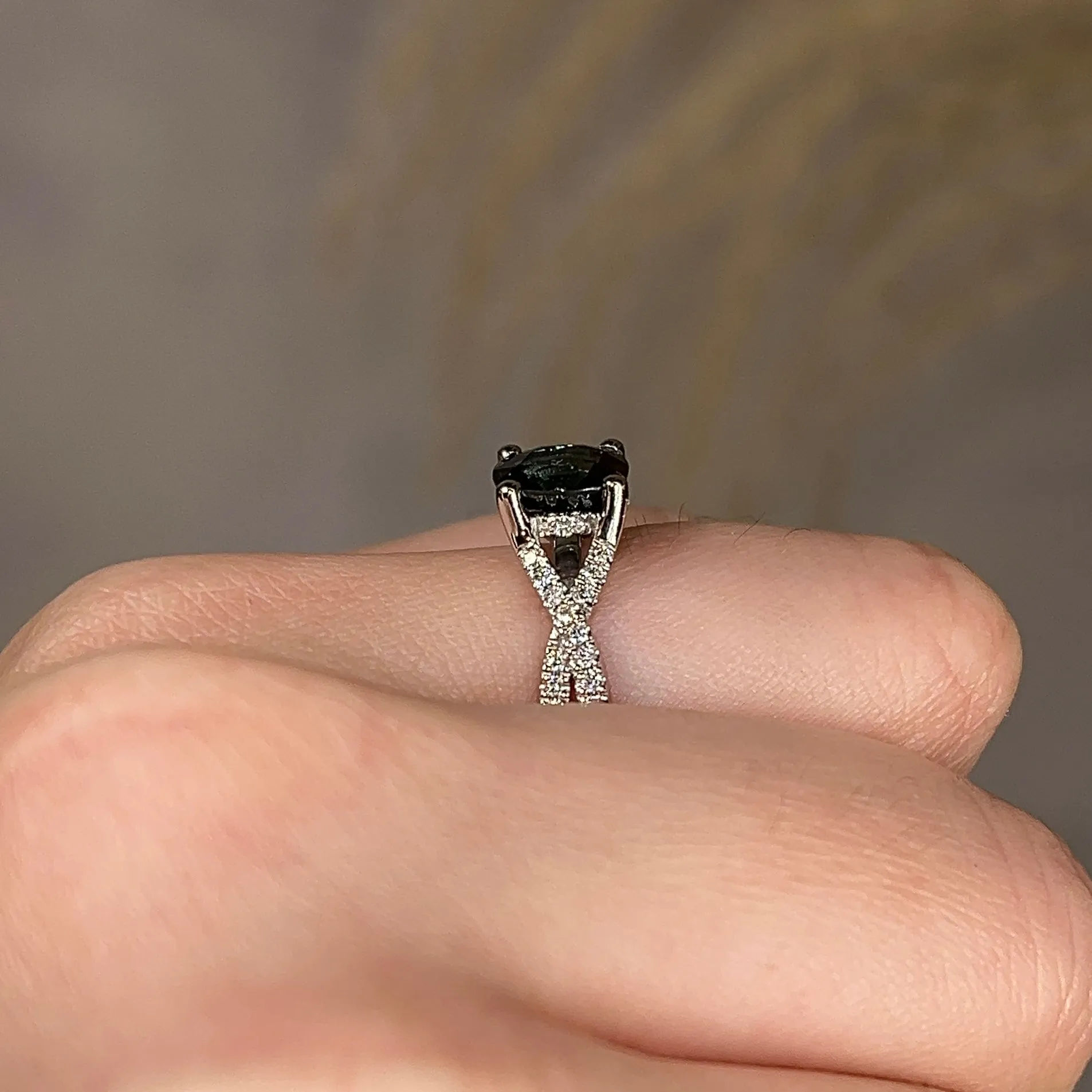 "River" Teal Cushion Cut Sapphire Crossover Diamond Shoulders Engagement Ring