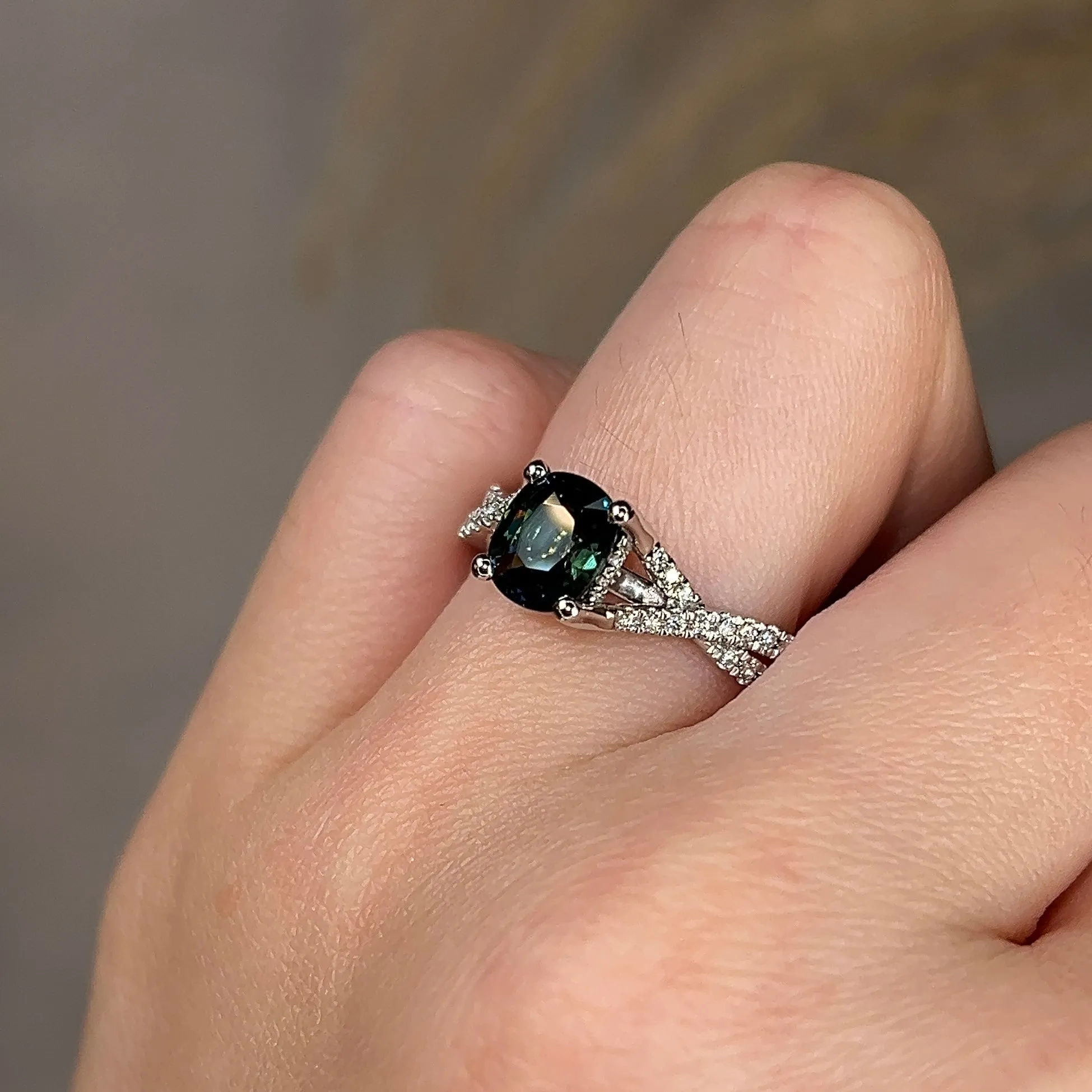 "River" Teal Cushion Cut Sapphire Crossover Diamond Shoulders Engagement Ring