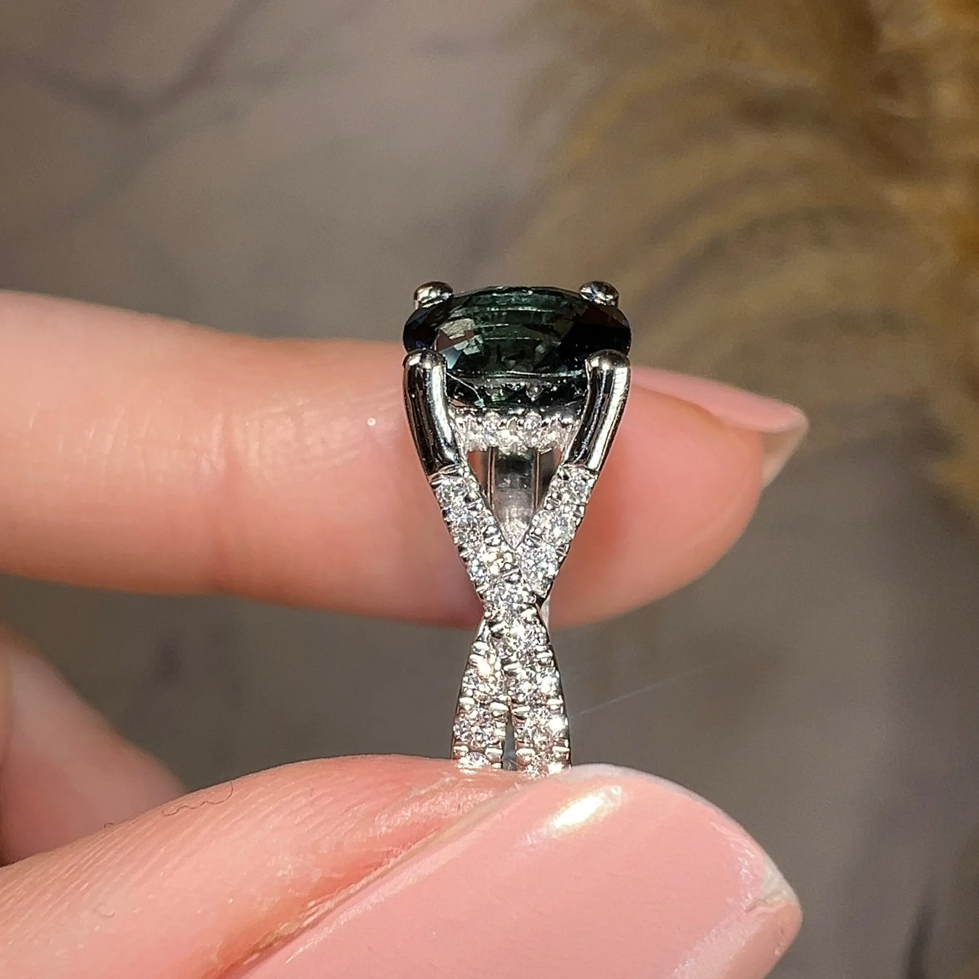 "River" Teal Cushion Cut Sapphire Crossover Diamond Shoulders Engagement Ring