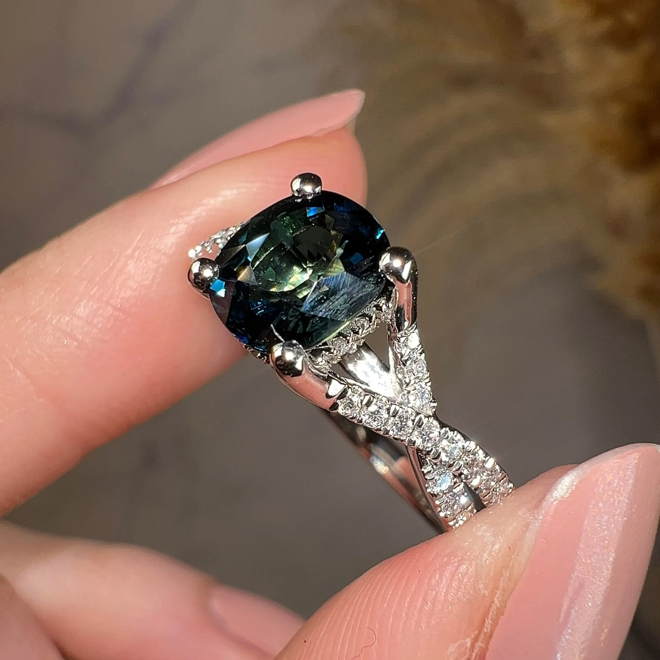 "River" Teal Cushion Cut Sapphire Crossover Diamond Shoulders Engagement Ring