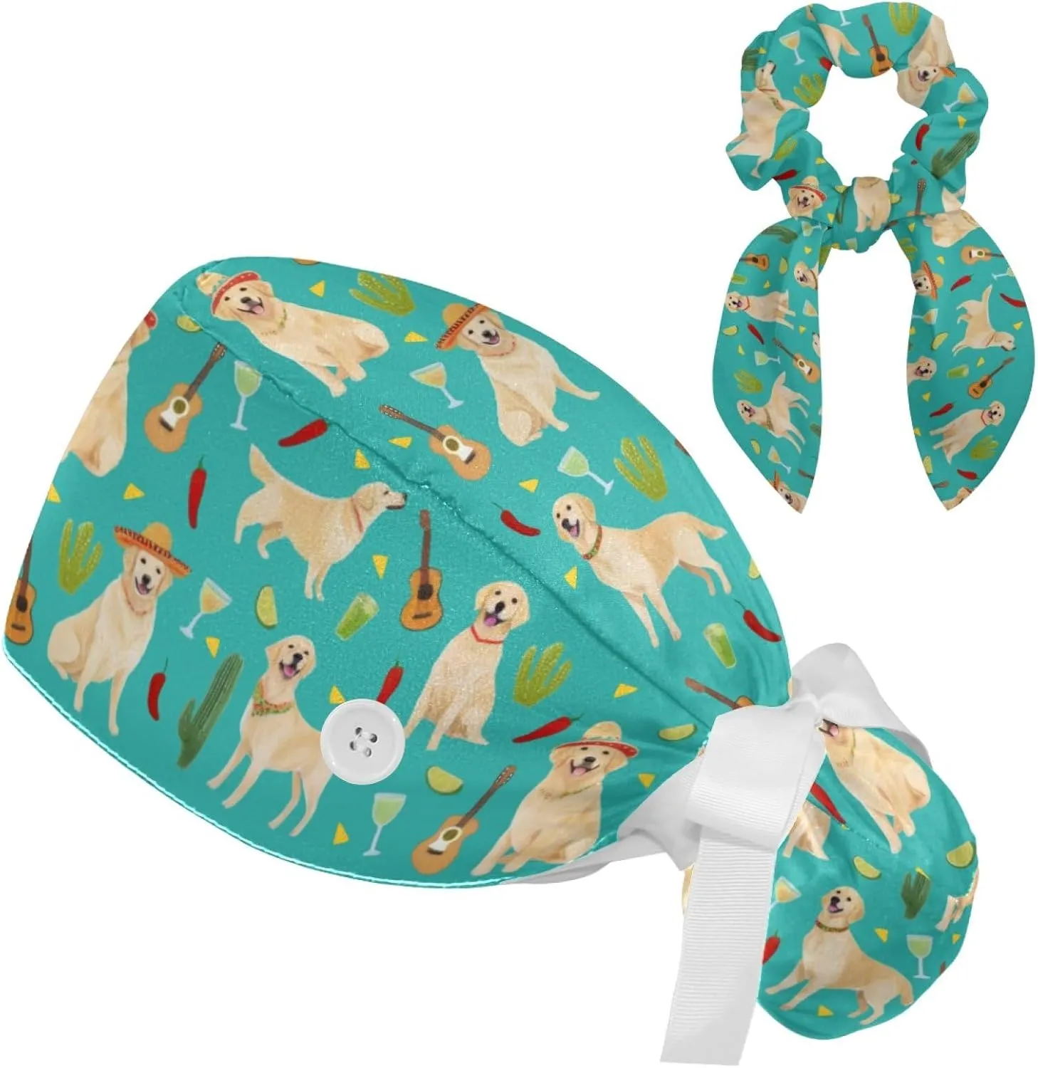 Scrub Caps Women, Surgical Caps with Buttons, Ponytail Nurse Hat, Bouffant Scrub Hats with Hair Scrunchy Adjustable, Dogs Golden Retriever Cartoon Animal Mexican Cactus Cute Turquoise