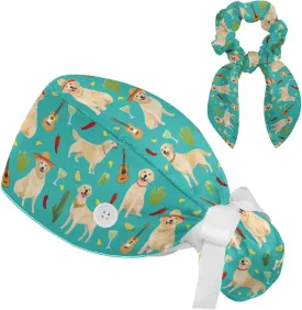 Scrub Caps Women, Surgical Caps with Buttons, Ponytail Nurse Hat, Bouffant Scrub Hats with Hair Scrunchy Adjustable, Dogs Golden Retriever Cartoon Animal Mexican Cactus Cute Turquoise