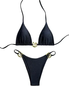 SHENHE Women's Thong Bikini Set Halter 2 Piece Swimsuit Triangle Metal Ring Bathing Suits
