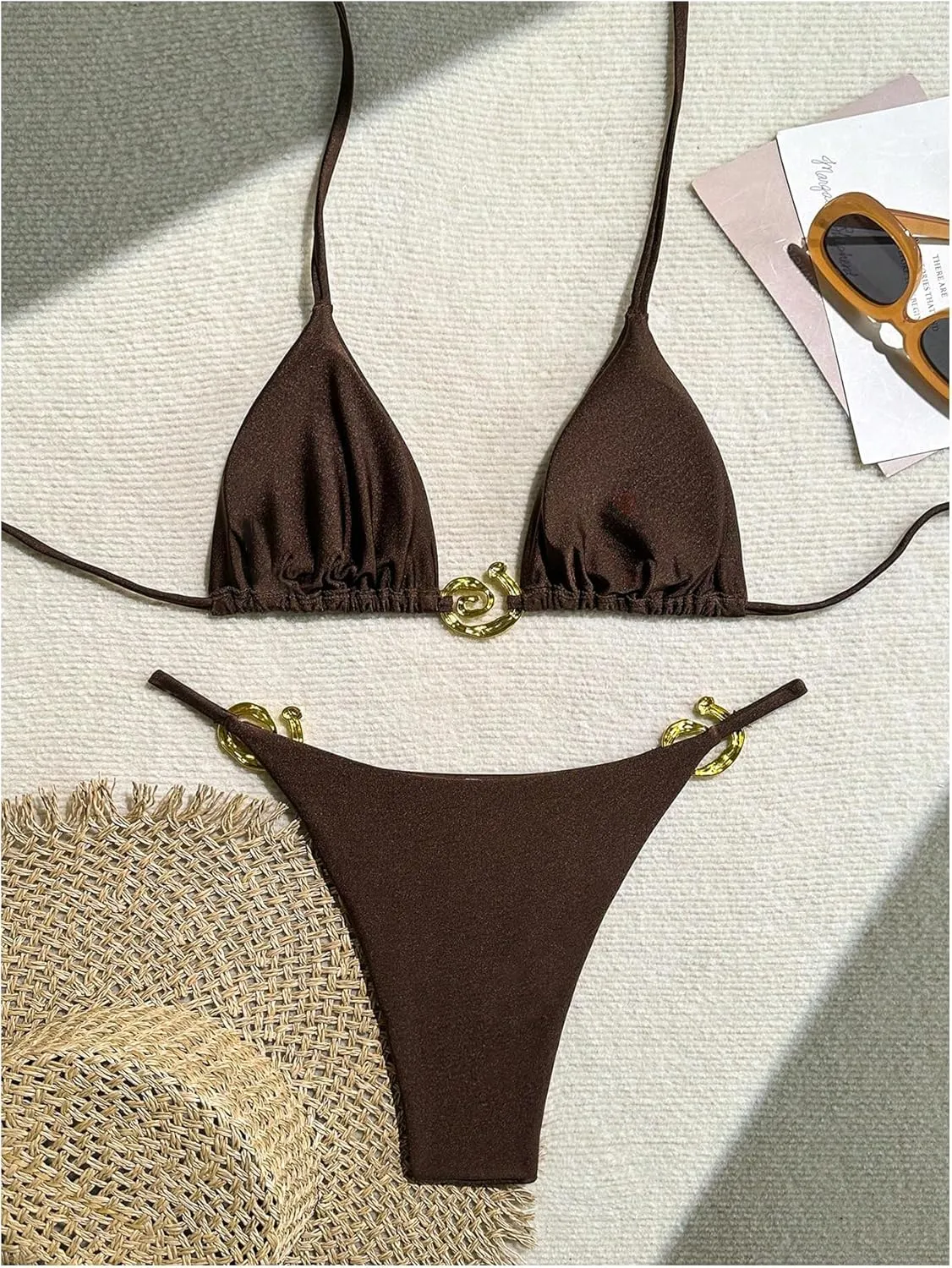 SHENHE Women's Thong Bikini Set Halter 2 Piece Swimsuit Triangle Metal Ring Bathing Suits