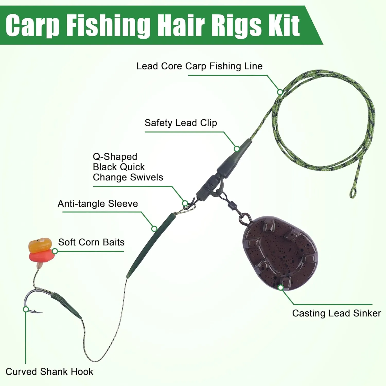 SILANON Carp Fishing Rigs Kit Carp Hair rig with Carp Sinker Weights Carp Hooks Corns Bait Rolling Swivels Sleeves Carp Boilie Bait Rigs Carp Fishing Equipment