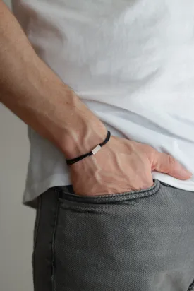 Silver bead bracelet for men, black cord, geometric jewelry