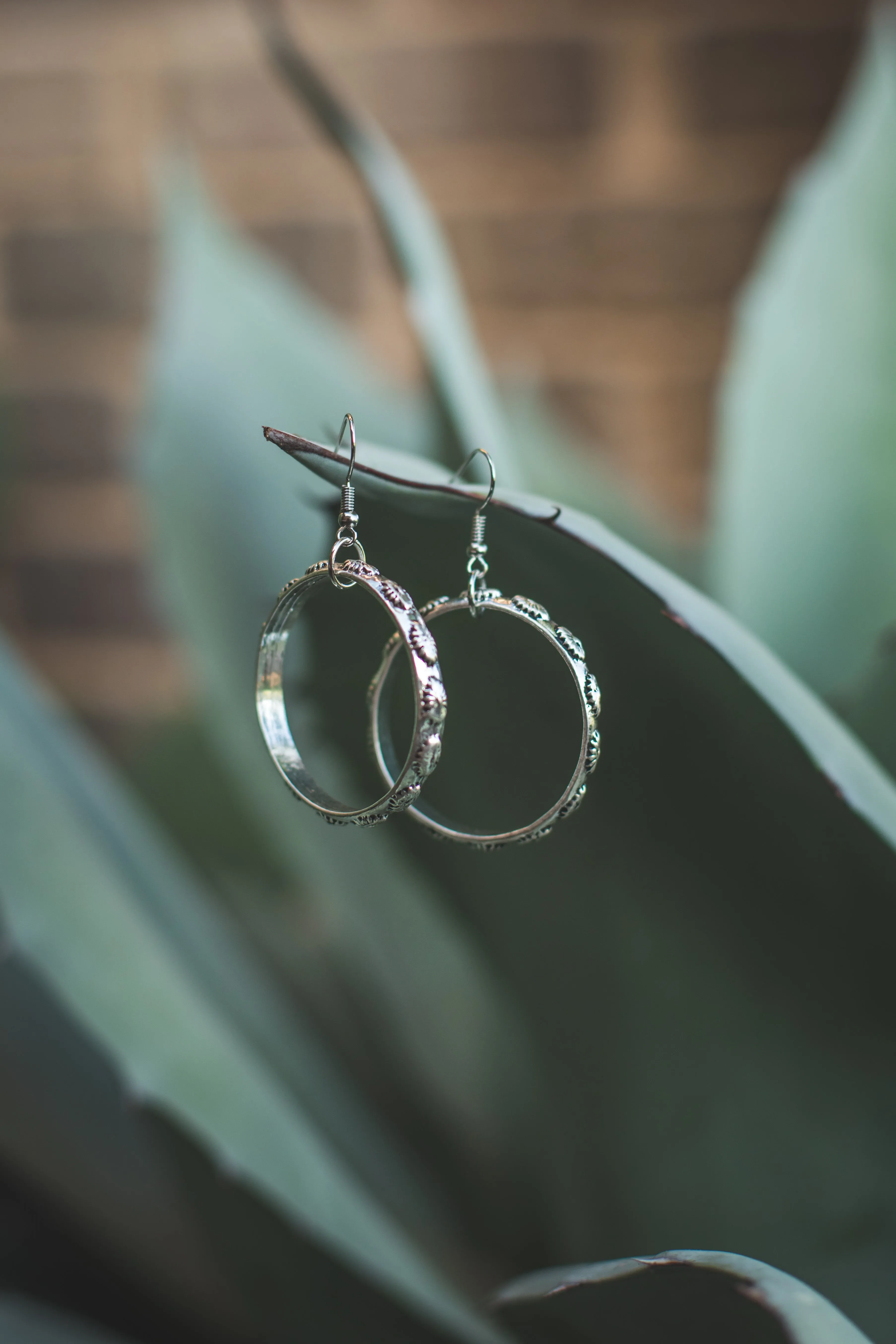 Silver Stamped Dangle Hoop Earrings