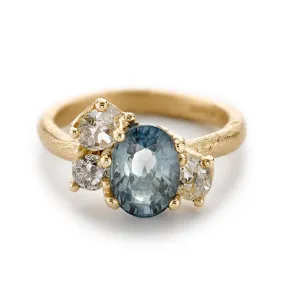 Teal Sapphire and Diamond Radiant Cluster Ring
