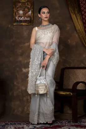Teejh Adwetta Grey Sequin Embroidery Organza Saree