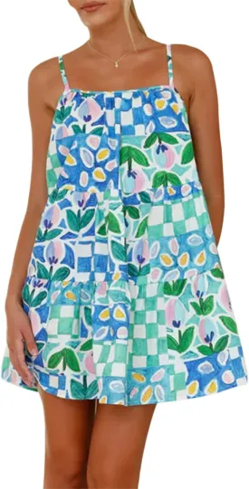 Women Boho Graffiti Mini Cami Dress Cute Graphic Spaghetti Strap Flowy Short Dress Summer Holiday Beach Sundress