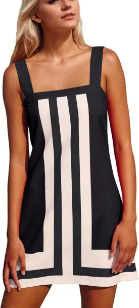 Women Multi-color Striped Mini Dress Color Block Summer Square Neck Sleeveless Backless Beach Cover Up Dress