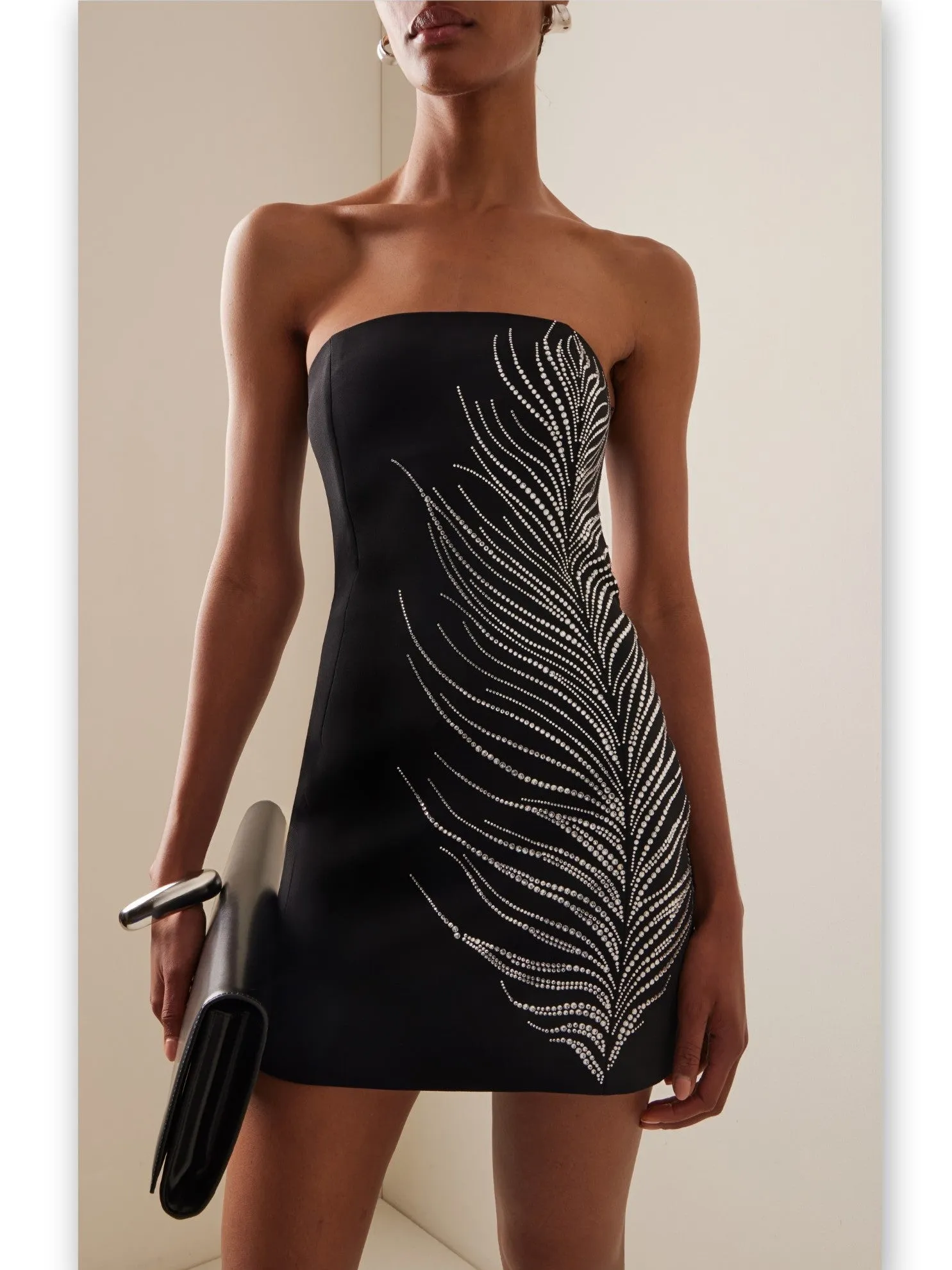 Women’s Black Strapless Beaded Feather-Embellished Mini Dress