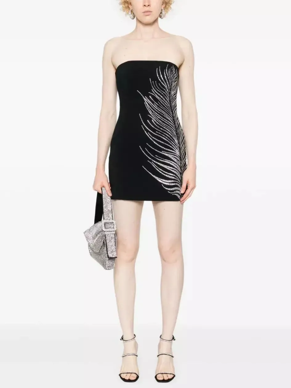 Women’s Black Strapless Beaded Feather-Embellished Mini Dress